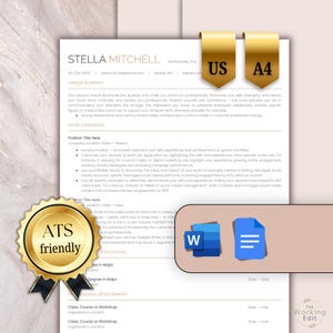 May include: A professional resume template document featuring sections for career summary, work experience, and certifications. The document includes gold ribbon icons labeled US and A4, a gold seal stating ATS friendly, and Microsoft Word and Google Docs icons.
