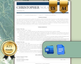 ATS Friendly Resume Template Professional Executive CV Google Docs MS Word Minimalist Resume Modern Editable Resume Cv Template 2026