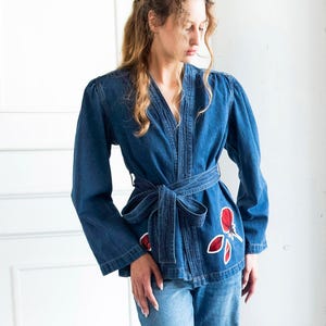 Red Peony Wrap Denim Jacket - Indigo