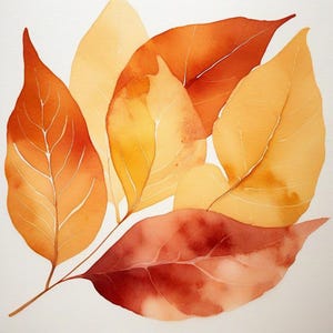 Peut inclure: Une peinture à l'aquarelle représentant cinq feuilles d'automne superposées dans des tons orange brûlé, jaune doré et rouge profond. Les feuilles sont disposées en grappe, chacune présentant des nervures délicates sur un fond blanc.