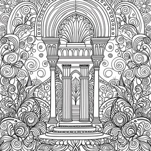 May include: A black and white coloring page featuring an intricate architectural structure with a central arched entryway supported by fluted columns, surrounded by dense, swirling floral patterns and decorative organic shapes throughout the design.