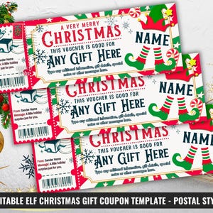 Pode incluir: Um conjunto de três vales-presente de Natal retangulares em estilo postal. Cada vale apresenta cores vermelha, verde e branca, um gráfico de pernas de elfo, um código de barras e o texto A VERY MERRY CHRISTMAS THIS VOUCHER IS GOOD FOR ANY GIFT HERE.