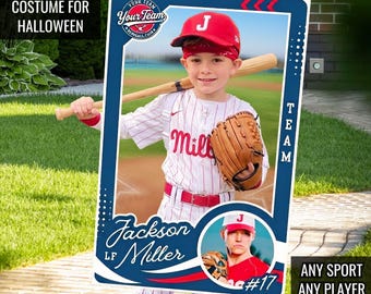 Disfraz de tarjeta deportiva para Halloween, disfraz de Halloween personalizado para niños, tarjeta deportiva personalizada para usar, tarjeta de fútbol americano o de béisbol.