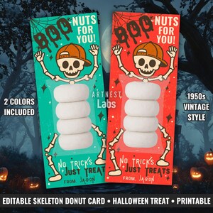 May include: Two rectangular Halloween treat cards featuring a cartoon skeleton wearing an orange baseball cap. The cards are teal and red, each holding four white circular treats. Text reads BOO-NUTS FOR YOU! and NO TRICKS, JUST TREATS FROM JASON.