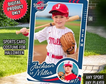 Könnte beinhalten: Ein rechteckiger Sportkarten-Kostümrahmen mit einem Baseballspieler in roter Kappe und gestreifter Uniform, der einen Schläger und einen Handschuh hält. Der Rahmen enthält den Text Your Team, Jackson Miller, LF und die Nummer 17.