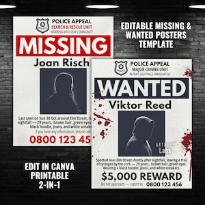 Paket med efterlysta och saknade posters, redigerbar Halloween-festaffisch, läskig festdekor, mordmysteriespel, mall för blodig polisöverklagelseskylt
