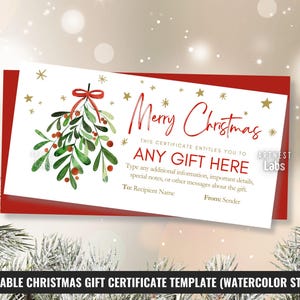 Peut inclure: Un modèle de chèque-cadeau de Noël rectangulaire avec une illustration à l'aquarelle de gui, un nœud rouge, des étoiles dorées et le texte Merry Christmas, This certificate entitles you to any gift here, To: Recipient Name, From: Sender.