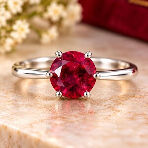Natural Ruby Solitaire Ring, Round Cut, 925 Sterling Silver, July Birthstone