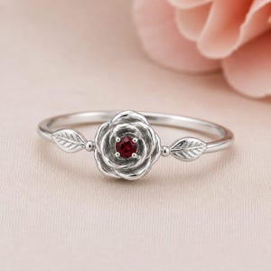 925 Sterling Silver Rose Ring with 3mm Round Ruby | Floral Ruby Ring | Dainty Flower Ring | July Birthstone Ring | Minimalist Silver Jewelry