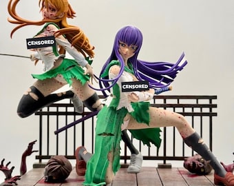Diorama de batalla de Saeko Busujima y Rei Miyamoto de Highschool of the Dead - Figura de resina impresa en 3D pintada a mano / Estatua de anime del apocalipsis zombie