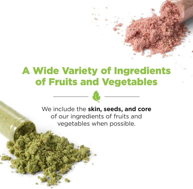 May include: Image features text: "A Wide Variety of Ingredients of Fruits and Vegetables." The image shows two piles of powder, one pink and one green, spilling from clear tubes. The text also states: "We include the skin, seeds, and core of our ingredients of fruits and vegetables when possible."