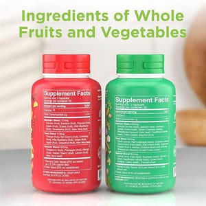 May include: Two supplement bottles, one red and one green, with white labels detailing ingredients and nutritional information. The text "Ingredients of Whole Fruits and Vegetables" is at the top. The red bottle lists various fruit ingredients, while the green bottle lists vegetables.