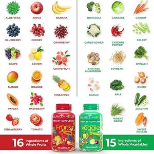 May include: A nutritional supplement product image featuring a variety of fruits and vegetables. The image includes two supplement bottles, one red and one green, with the text "Fruits" and "Veggies". The image also displays 16 fruits and 15 vegetables.