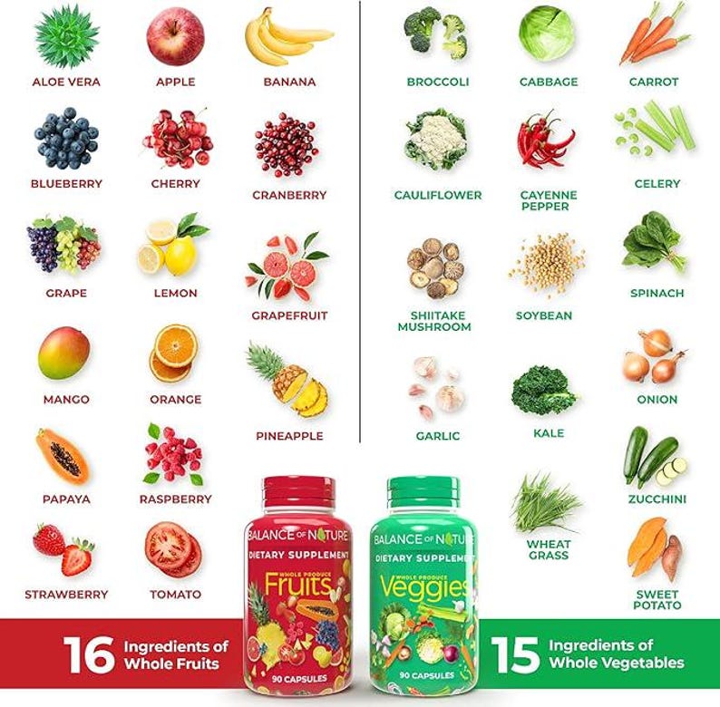 May include: A nutritional supplement product image featuring a variety of fruits and vegetables. The image includes two supplement bottles, one red and one green, with the text "Fruits" and "Veggies". The image also displays 16 fruits and 15 vegetables.