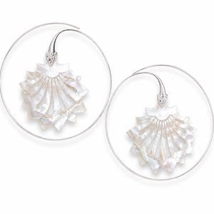 Hand Carved Mother of Pearl Hoop Earrings – Silver Plated Brass Statement Jewelry