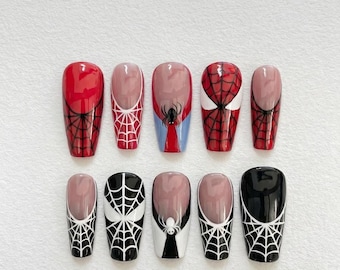 Spider Web Press On Nails, Red Black Comic Hero Halloween Nails