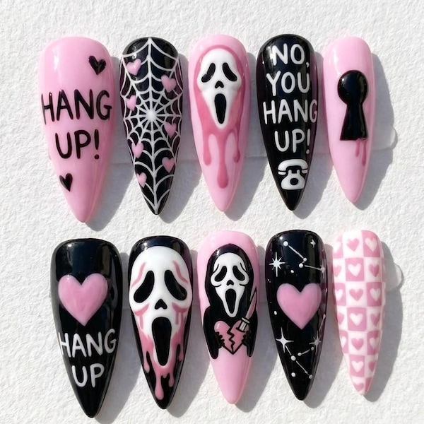 Pink Ghost Mask Press On Nails, Coquette Gothic Halloween Gel Set