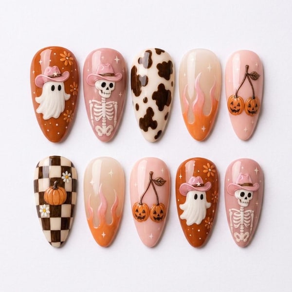 Western Halloween Press On Nails, Cowgirl Ghost Skeleton Set, Cow Print Pumpkin Nails