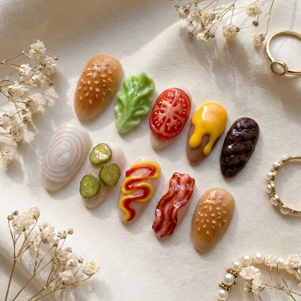 3D Burger Press On Nails, Fast Food Gel Nail Set, Kawaii Reusable False Nails