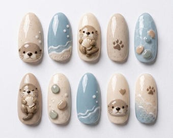 Handmade Otter Ocean Press On Nails, Coastal Sea Life Set