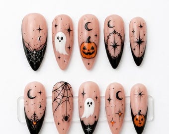 Handmade Halloween Ghost Pumpkin Almond Nails, Spooky Black French Art Set