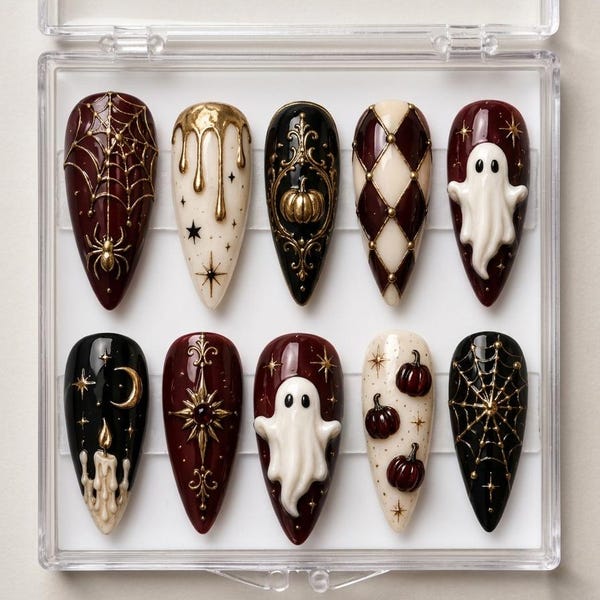 Burgundy Halloween Press On Nails, Ghost Pumpkin Goth Nail Set