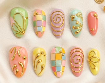 Handmade Pastel Gold Chrome Almond Press On Nails, Summer Nail Art Set