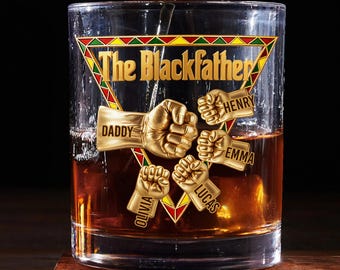 Personalized The Blackfather Whiskey Glass, African American Father's Day Gift for Black Dad, Custom Fist Bump Bourbon Glass with Kids Names