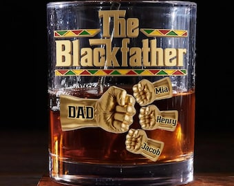 Personalized The Blackfather Whiskey Glass, African American Dad Gift from Kids, Custom Fist Bump Rock Glass with Names, Father's Day Mug