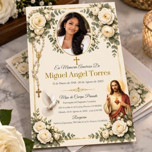 May include: A funeral program card featuring a portrait of a person, white roses, a gold rosary, and a white dove. The text reads En Memoria Amorosa De Miguel Angel Torres, 15 de Marzo de 1948 - 20 de Agosto de 2025, Misa de Cuerpo Presente, and Recepción.