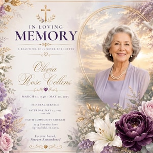 Pode incluir: Um programa funerário com o retrato de uma mulher idosa com uma blusa lavanda, rodeado por arranjos florais roxos e brancos. O texto inclui IN LOVING MEMORY, Olivia Rose Collins, 12 de março de 1948 - 20 de maio de 2025 e detalhes do serviço.