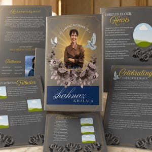Könnte beinhalten: Ein Trauerprogramm-Heft mit einem Porträt einer Person, dem Text In Loving Memory Of Shahnaz Khalala sowie Illustrationen von weißen Tauben und grauen Rosen. Das Design umfasst goldene Akzente, ein blaues Banner und Abschnitte für Nachrufe und Details.