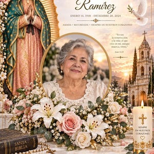 Puede incluir: Un cartel conmemorativo con el retrato de María Elena Ramírez, la Virgen de Guadalupe, una paloma blanca, una iglesia, una vela con cruz, una Biblia y un rosario. El texto incluye fechas, citas religiosas y En Amorosa Memoria.
