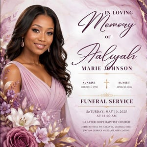 May include: A funeral programme template featuring a portrait of a woman in a mauve dress, surrounded by mauve and white floral illustrations. The text reads: In Loving Memory of Haliyah Marie Johnson, Sunrise March 15, 1990, Sunset April 30, 2026.