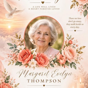 Könnte beinhalten: Ein Gedenkprogramm für eine Beerdigung mit einem kreisförmigen Porträt einer älteren Person mit weißem Haar, umgeben von pfirsichfarbenen Rosen und Grünpflanzen. Der Text lautet In Loving Memory, A Life Well Lived, A Heart Forever Loved, Margaret Evelyn Thompson, 12. März 1945 - 28. August 2024, Forever in Our Hearts und ein Zitat über die Liebe.