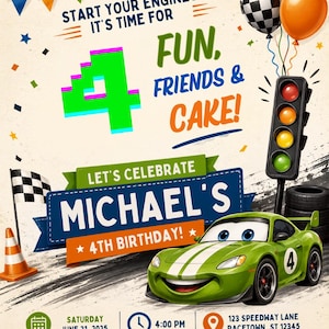 Könnte beinhalten: Eine Geburtstagseinladung im Rennwagen-Design mit einem grünen Cartoon-Auto, einer Ampel, Luftballons und Zielflaggen. Der Text lautet: Start your engines it's time for 4 fun, friends & cake! Let's celebrate Michael's 4th birthday! Saturday June 21, 2025.