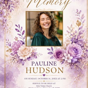 Funeral Program Template Canva, Purple Floral Memorial Program, Celebration of Life Program, Editable Obituary Program, Printable PDF