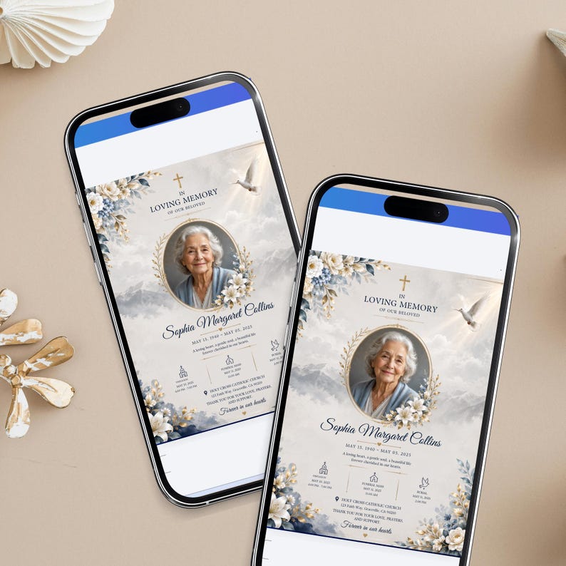 K&ouml;nnte beinhalten: Zwei Smartphones, die ein Trauerprogramm f&uuml;r Sophia Margaret Collins anzeigen. Das Design zeigt ein kreisf&ouml;rmiges Portr&auml;t einer &auml;lteren Frau, blau-wei&szlig;e Blumenakzente, ein Kreuz, eine Taube und Text mit Details zur Trauerfeier.