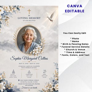 K&ouml;nnte beinhalten: Eine Vorlage f&uuml;r ein Trauerprogramm mit dem Portr&auml;t einer &auml;lteren Person in einem goldenen ovalen Rahmen, verziert mit wei&szlig;en Blumen und einer Taube. Der Text enth&auml;lt IN LOVING MEMORY, Sophia Margaret Collins, Daten und Details. CANVA EDITABLE ist sichtbar.
