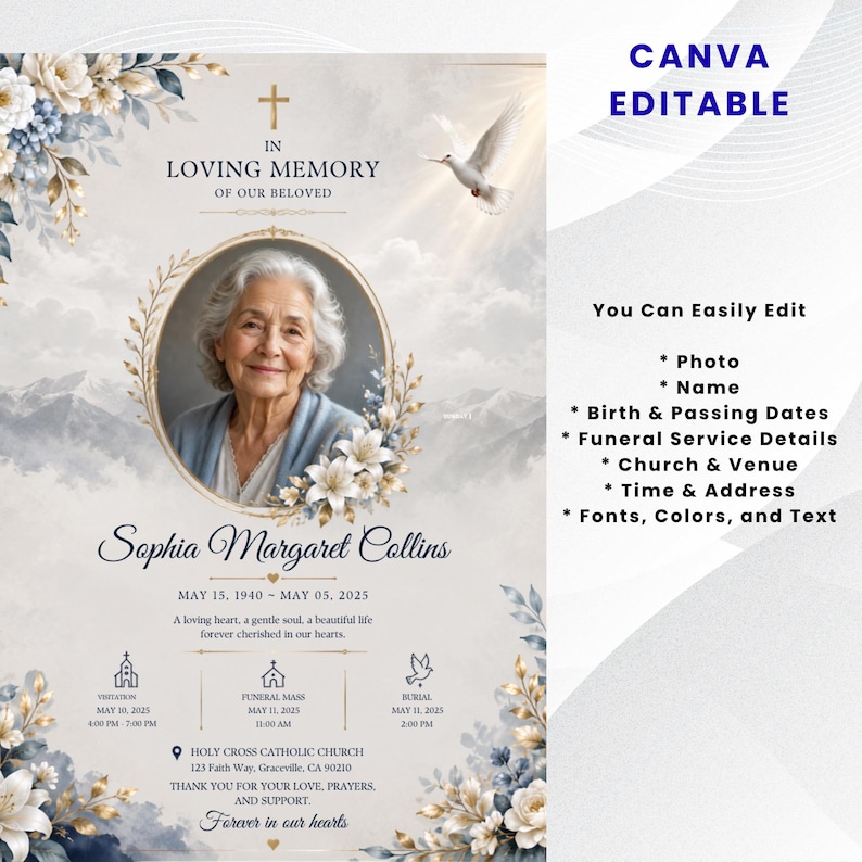 K&ouml;nnte beinhalten: Eine Vorlage f&uuml;r ein Trauerprogramm mit dem Portr&auml;t einer &auml;lteren Person in einem goldenen ovalen Rahmen, verziert mit wei&szlig;en Blumen und einer Taube. Der Text enth&auml;lt IN LOVING MEMORY, Sophia Margaret Collins, Daten und Details. CANVA EDITABLE ist sichtbar.