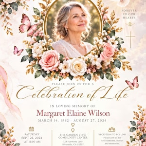 Może przedstawiać: Ulotka pamiątkowa Celebration of Life dla Margaret Elaine Wilson, z centralnym portretem otoczonym różowymi i białymi różami, motylami oraz białą gołębicą. Tekst zawiera daty, szczegóły lokalizacji oraz frazę A loving heart never truly leaves.
