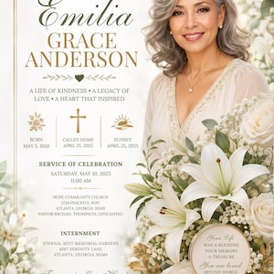 Może przedstawiać: Program pogrzebowy z portretem kobiety o siwych włosach, białymi liliami i różami. Tekst zawiera: JOIN US IN CELEBRATING THE LIFE OF EMILIA GRACE ANDERSON, BORN MAY 5, 1950, CALLED HOME APRIL 25, 2025, oraz SERVICE OF CELEBRATION MAY 10, 2025.