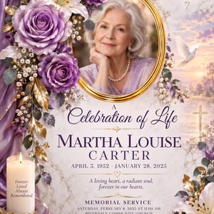 Può includere: Un annuncio di servizio commemorativo con il ritratto di una persona anziana in una cornice dorata, circondato da rose viola e foglie dorate. Il testo include A BEAUTIFUL LIFE LEAVES A LASTING LEGACY, A Celebration of Life e MARTHA LOUISE CARTER.