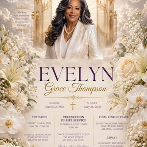 May include: A memorial program for Evelyn Grace Thompson featuring a portrait of a woman, white lilies, and doves. Text includes dates, service details at Grace Community Church, and the quote: His love And memories Will remain In our hearts Forever.