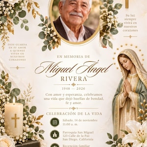 Pode incluir: Um cartão de convite memorial com o retrato de um homem mais velho, uma cruz dourada e uma ilustração da Virgem Maria. O texto inclui o nome Miguel Angel Rivera, as datas 1948-2026, detalhes do evento e detalhes florais em branco e ouro.