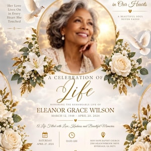 Può includere: Un modello di programma funebre con il ritratto di una donna anziana in una cornice dorata circolare, circondato da gigli bianchi, rose e colombe in volo su un cielo nuvoloso. Il testo include A CELEBRATION OF LIFE, ELEANOR GRACE WILSON e i dettagli.