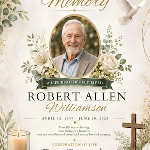 Könnte beinhalten: Ein Trauerprogramm mit dem Porträt eines älteren Mannes, weißen Lilien, grünem Blattwerk, einer fliegenden Taube und einem Holzkreuz. Der Text enthält IN LOVING MEMORY, ROBERT ALLEN WILLIAMSON, Daten und Veranstaltungsdetails für die Kirche in Dallas.