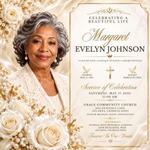 May include: A funeral program template featuring a portrait of a person with gray hair, surrounded by gold and white roses. The text reads: Celebrating a Beautiful Life, Margaret Evelyn Johnson, Service of Celebration, Saturday, May 17, 2025, 11:00 AM.