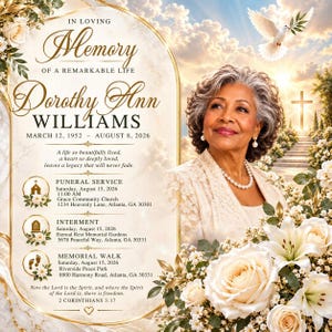 Può includere: Un programma funebre con il ritratto di una persona anziana dai capelli grigi, rose bianche e una colomba. Il testo include: In Loving Memory of a Remarkable Life, Dorothy Ann Williams, 12 marzo 1952 – 8 agosto 2026, e i dettagli del servizio.