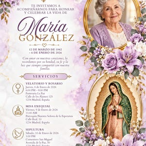 May include: A funeral announcement card featuring a portrait of an elderly woman and an image of the Virgin of Guadalupe in gold oval frames. The design includes purple lilies, a white dove, a gold cross, and text detailing memorial services.